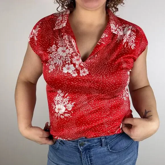 VINTAGE 70S RED TROPICAL SHORT SLEEVE SHIRT SIZE LARGE - Picture 1 of 4